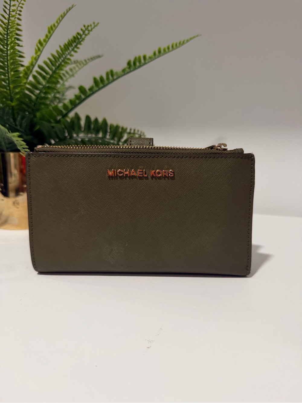 Michael Kors Olive Green Saffiano Leather Zip Wallet with Gold Logo